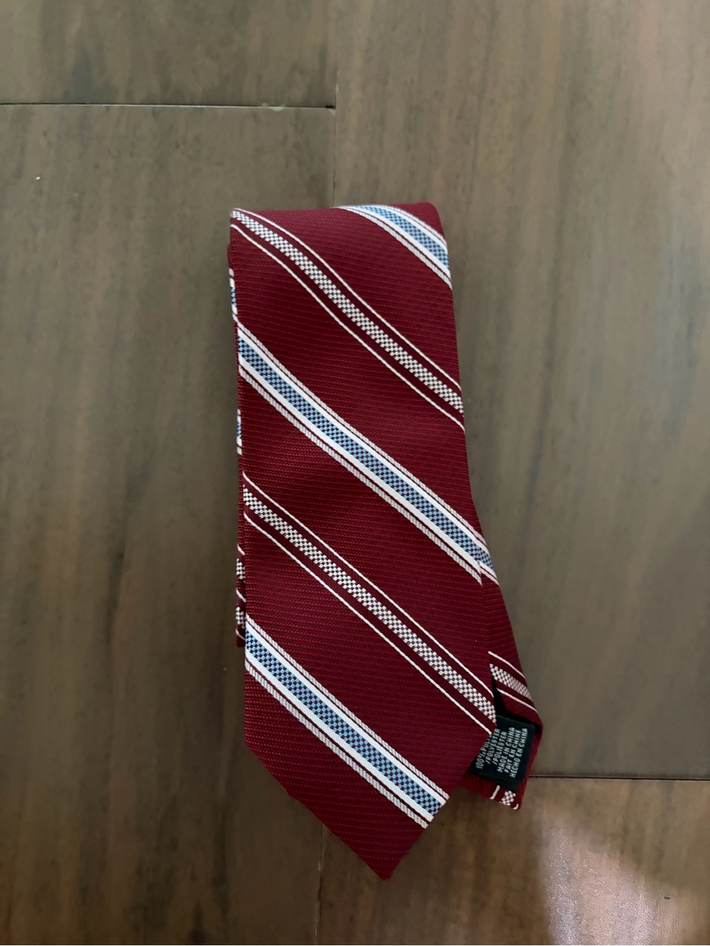 Men's Perry Ellis Burgundy Stripe Silk Tie with Blue and White Accents